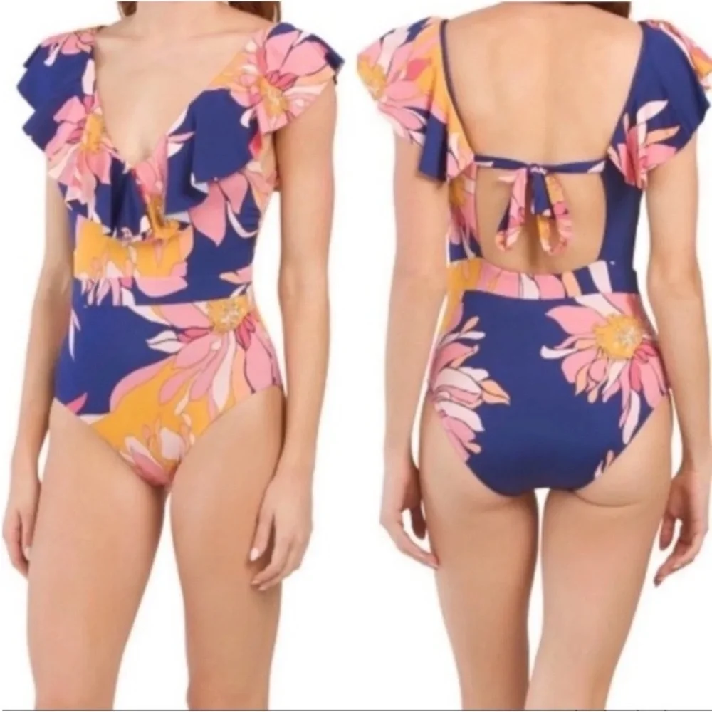 Trina Turk Breeze Ruffle Plunge One-Piece Swimsuit, Retro Multi-Color NWT - Picture 1 of 15